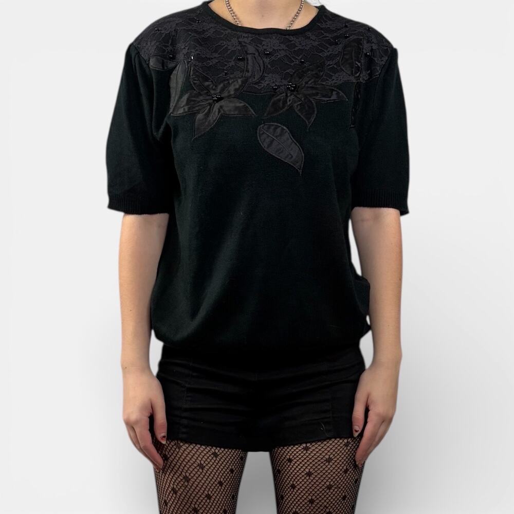 Vintage Black Floral Applique Lace Gothic Short Puff Sleeve Sweater Sz Medium
